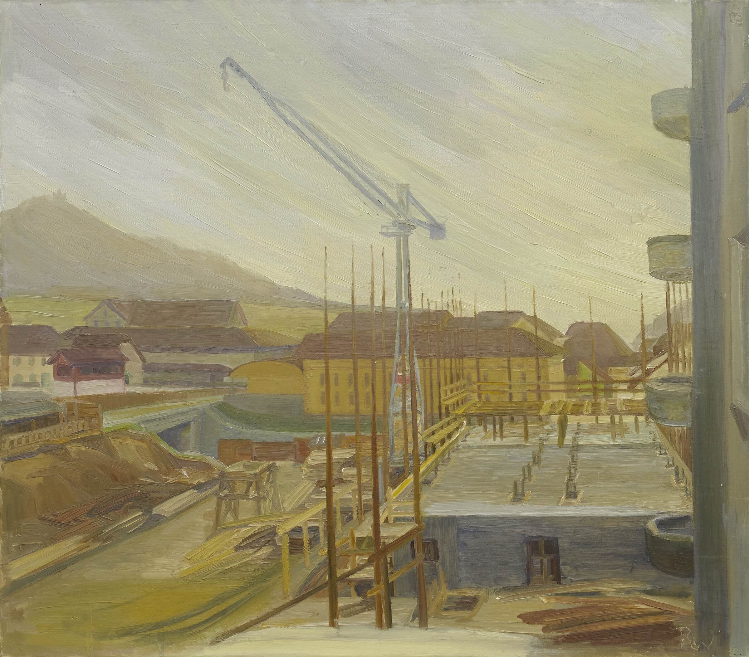 Rosa Wiggli (1901–1991): Baustelle neue Post Olten, um 1950/52.  Öl auf Leinwand, 75.3 x 85.2 cm Kunstmuseum Olten, Inv. 2004.23