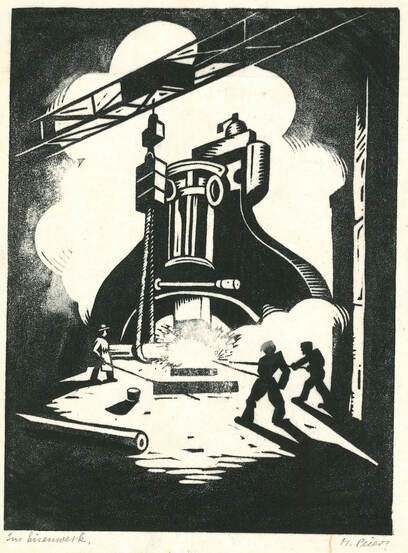 Meinrad Peier (1903–1964), Im Eisenwerk, o. J. Handdruck auf Japanpapier, 31.5 x 22.3 cm (Blatt), Kunstmuseum Olten, Inv. HRP 194, Schenkung © Hans Rudolf Peier