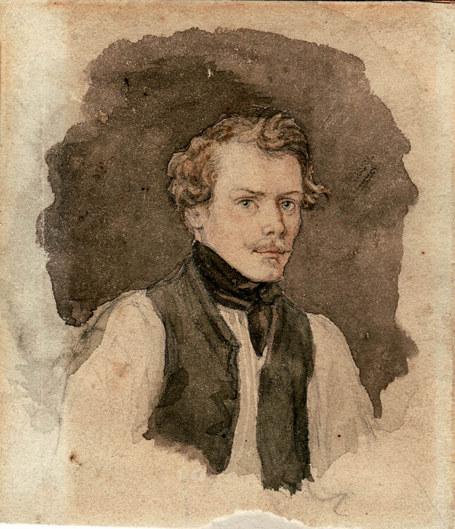 Martin Disteli (1802–1844), Selbstbildnis als junger Mann, um 1832. Feder über Bleistift, Aquarell, auf Papier, 9.5 x 8.3 cm, Kunstmuseum Olten, Inv. Di.B-42