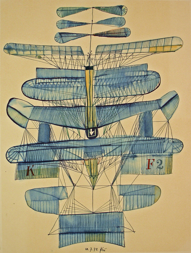 Hans Küchler, Flugmaschine, KF 2, 1972. Aquarell und Tinte auf Papier, 34 x 25 cm, Kunstmuseum Olten, Inv. X.24
